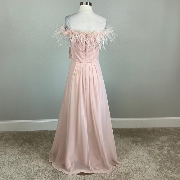 Eliza J Off the Shoulder Evening Gown Size 12 Pink Chiffon Feather Trim A-Line - Picture 5 of 12